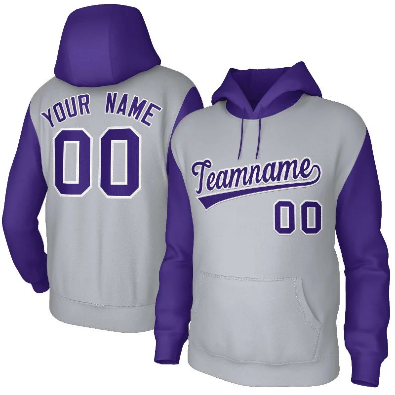 Soft And Comfortable Custom Gray Purple-White Raglan Sleeves Stitched Sportwear Pullover Hoodie