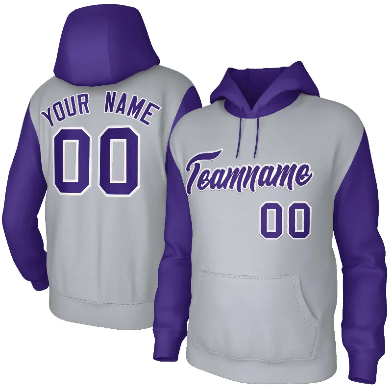 French Style Custom Gray Purple-White Raglan Sleeves Stitched Sportwear Pullover Hoodie