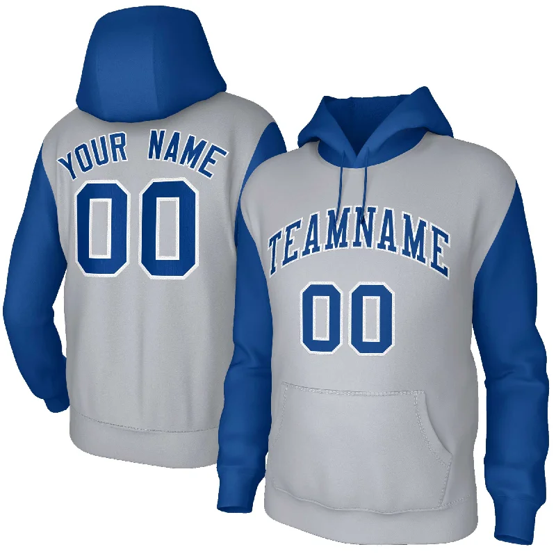 Fashionable Prints Custom Gray Royal-White Raglan Sleeves Stitched Sportwear Pullover Hoodie