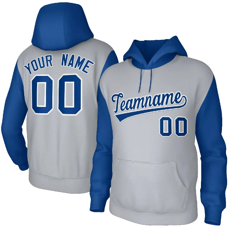 Lively And Youthful Custom Gray Royal-White Raglan Sleeves Stitched Sportwear Pullover Hoodie