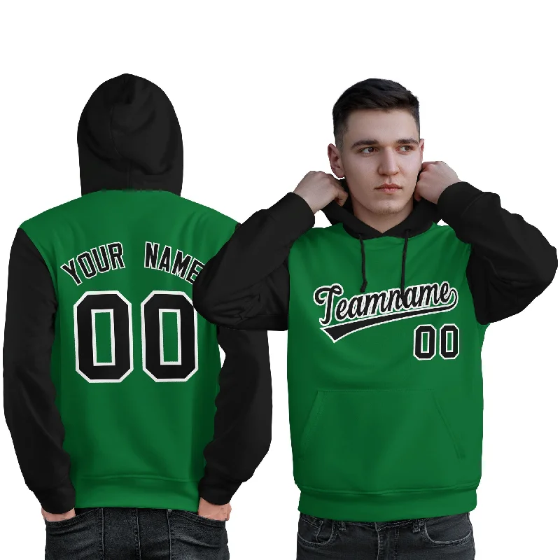 Comfortable Dresses Custom Kelly Green Black-White Raglan Sleeves Pullover Personalized Sweatshirt Hoodie