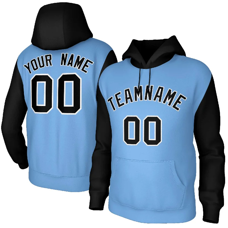 Design Perception Custom Light Blue Black-White Raglan Sleeves Stitched Sportwear Pullover Hoodie