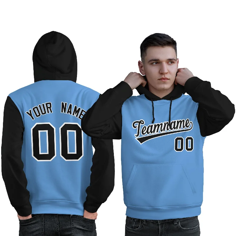 Stylish Jackets Custom Light Blue Black-White Raglan Sleeves Pullover Personalized Sweatshirt Hoodie