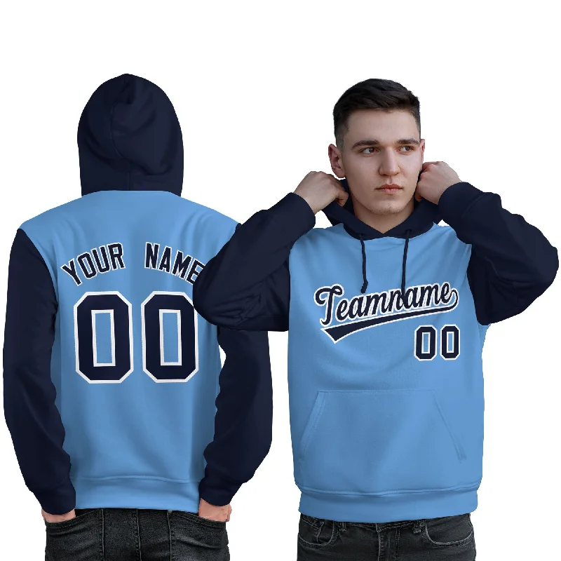 Weekend Comfort Custom Light Blue Navy-White Raglan Sleeves Pullover Personalized Sweatshirt Hoodie