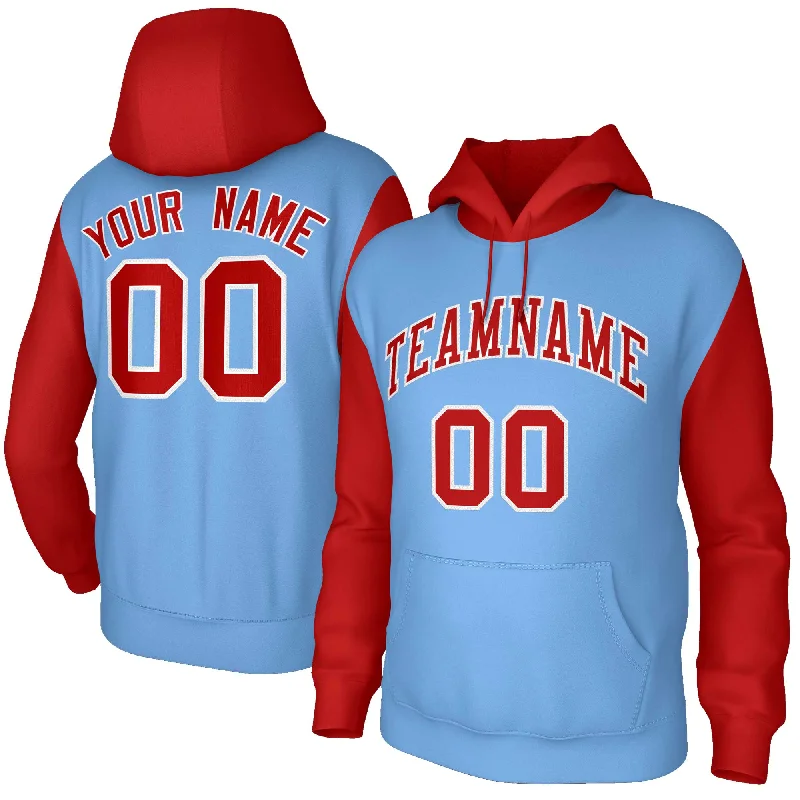 Fashion Classic Custom Light Blue Red-White Raglan Sleeves Stitched Sportwear Pullover Hoodie