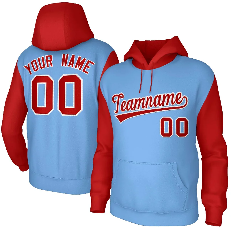 Avant-garde Design Custom Light Blue Red-White Raglan Sleeves Stitched Sportwear Pullover Hoodie