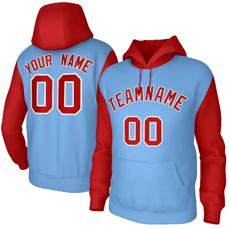Knowledge And Elegance Custom Light Blue Red-White Raglan Sleeves Stitched Sportwear Pullover Hoodie