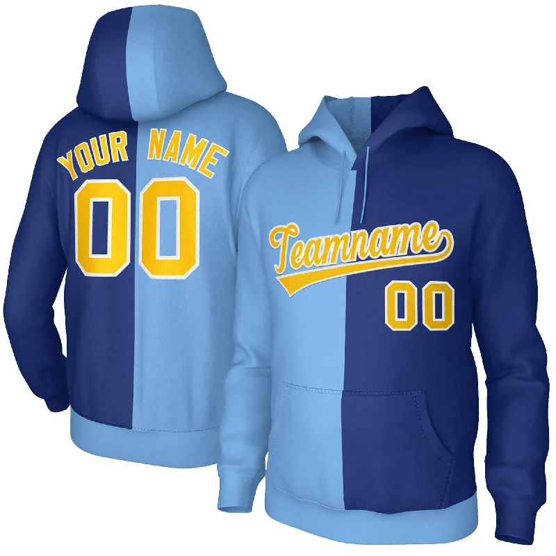 Comfy Chic Custom Light Blue Royal Gold-White Split Fashion Stitched Sportwear Pullover Hoodie