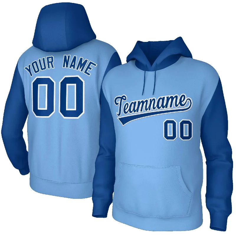 Celebrity Must-have Custom Light Blue Royal-White Raglan Sleeves Stitched Sportwear Pullover Hoodie