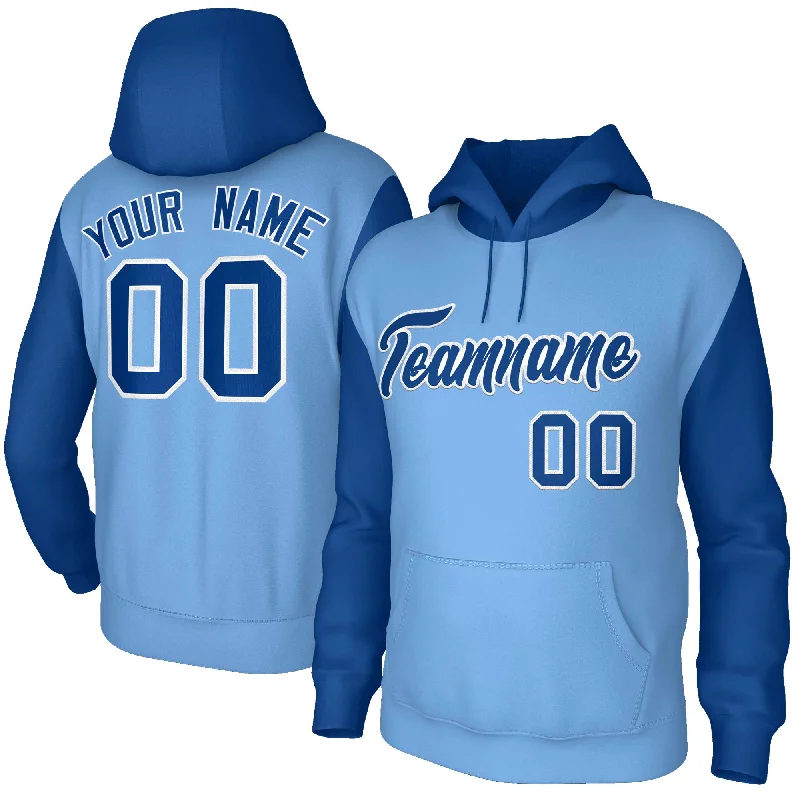Ethnic Style Custom Light Blue Royal-White Raglan Sleeves Stitched Sportwear Pullover Hoodie