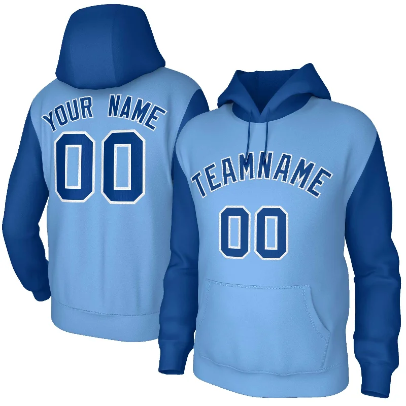 Elegant Style Custom Light Blue Royal-White Raglan Sleeves Stitched Sportwear Pullover Hoodie