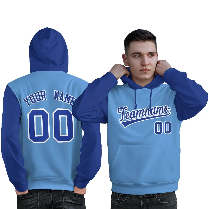 Cozy Apparel Custom Light Blue Royal-White Raglan Sleeves Pullover Personalized Sweatshirt Hoodie
