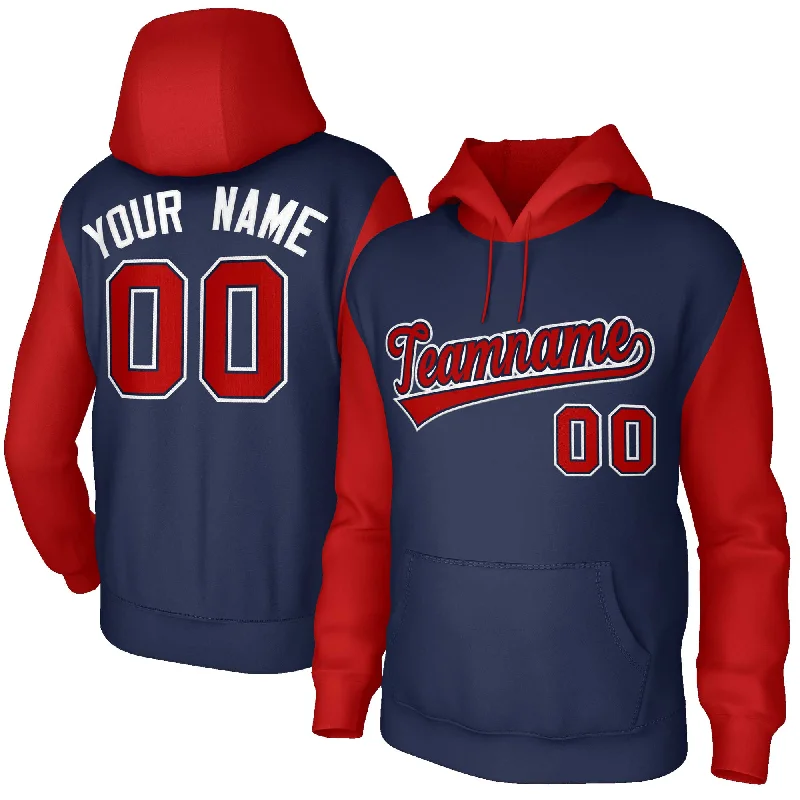 Exclusive Customization Custom Navy Red-Navy Raglan Sleeves Stitched Sportwear Pullover Hoodie
