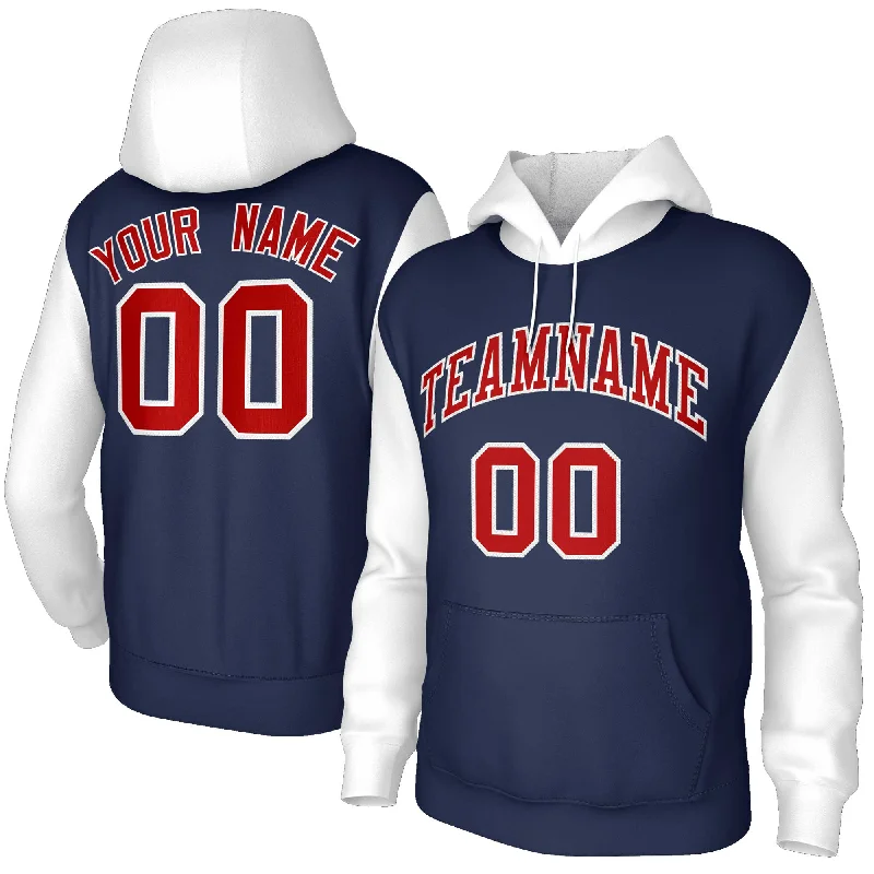 Artistic Temperament Custom Navy Red-White Raglan Sleeves Stitched Sportwear Pullover Hoodie