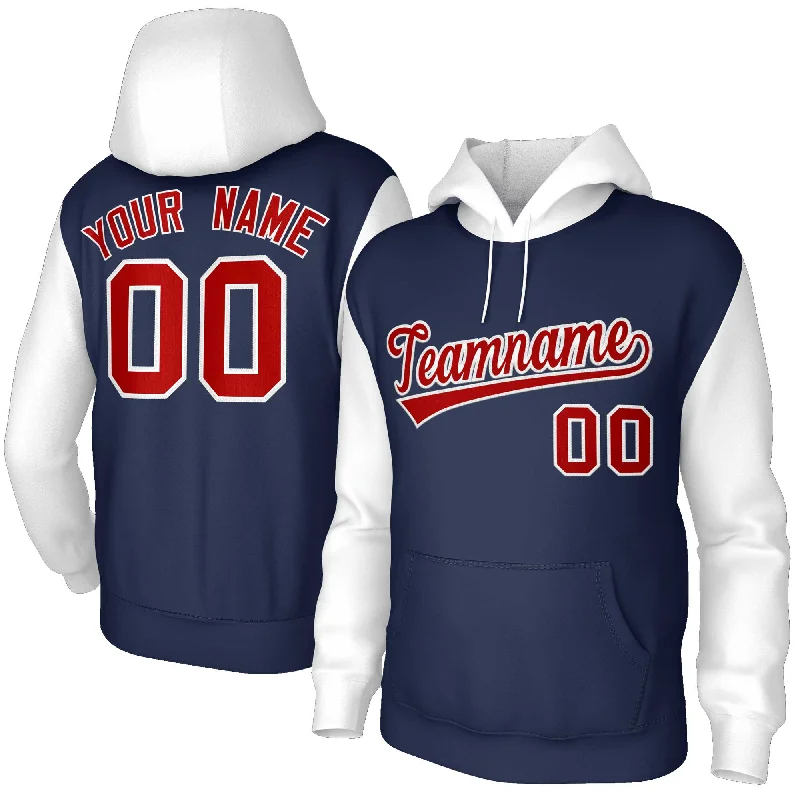 Short Design Custom Navy Red-White Raglan Sleeves Stitched Sportwear Pullover Hoodie