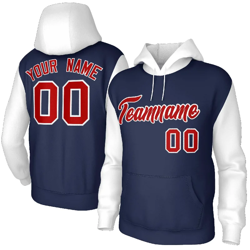 Simple Style Custom Navy Red-White Raglan Sleeves Stitched Sportwear Pullover Hoodie