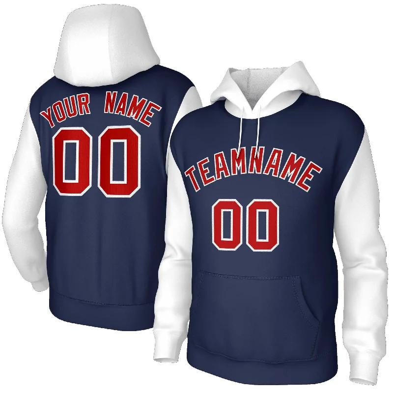 Elegant And Lazy Custom Navy Red-White Raglan Sleeves Stitched Sportwear Pullover Hoodie