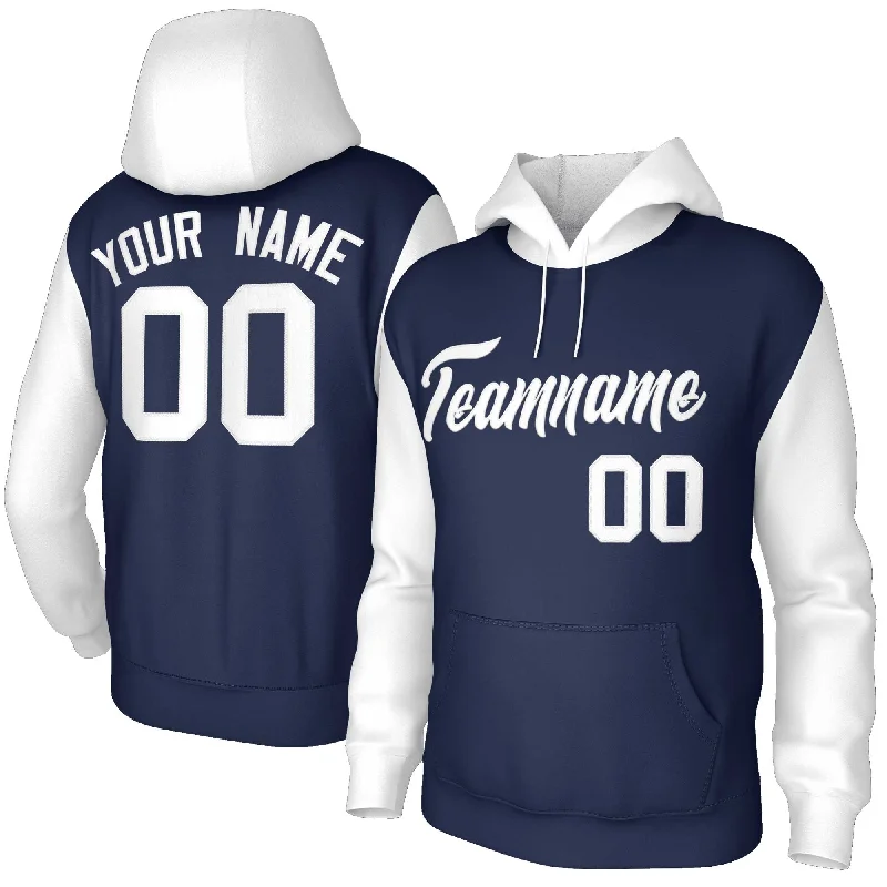 Unique Design Custom Navy White-Raglan Sleeves Stitched Sportwear Pullover Hoodie