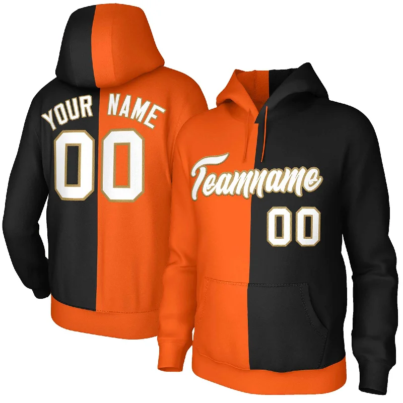 Soft Textures Custom Orange Black White-Old Gold Split Fashion Stitched Sportwear Pullover Hoodie
