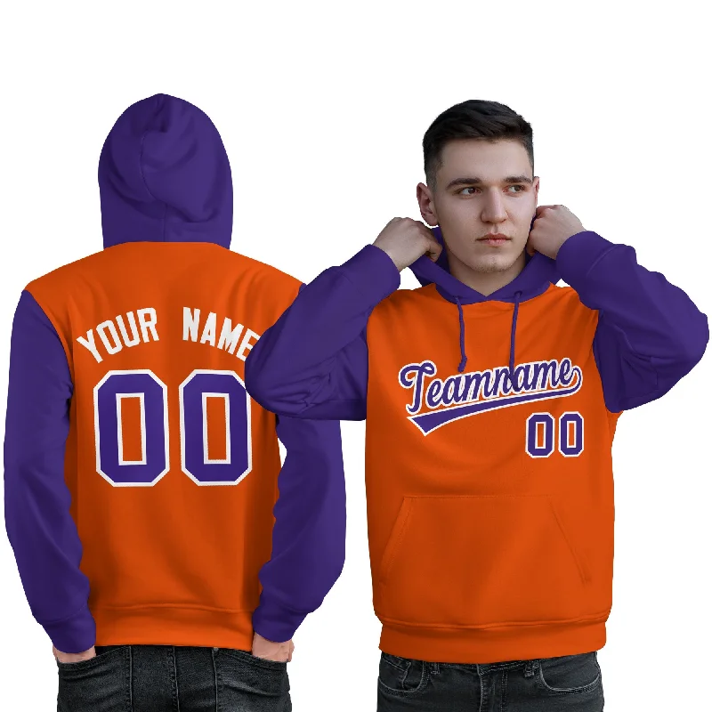 Cozy Shirts Custom Orange Purple-White Raglan Sleeves Pullover Personalized Sweatshirt Hoodie