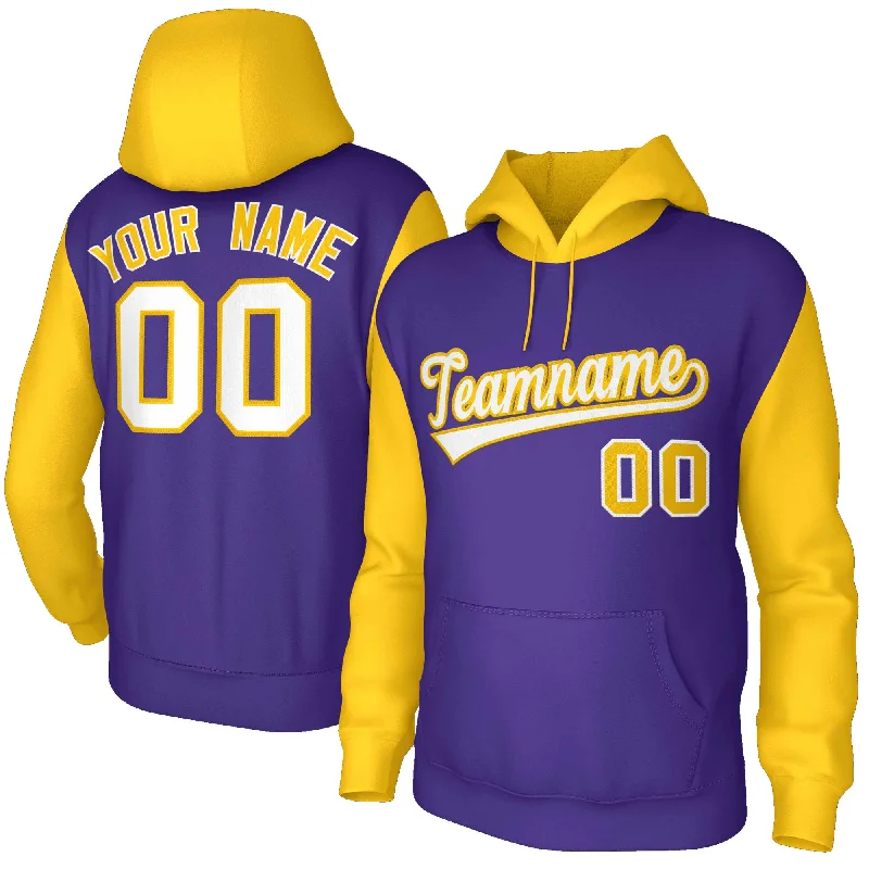 Casual And Comfortable Custom Purple White-Gold Raglan Sleeves Stitched Sportwear Pullover Hoodie