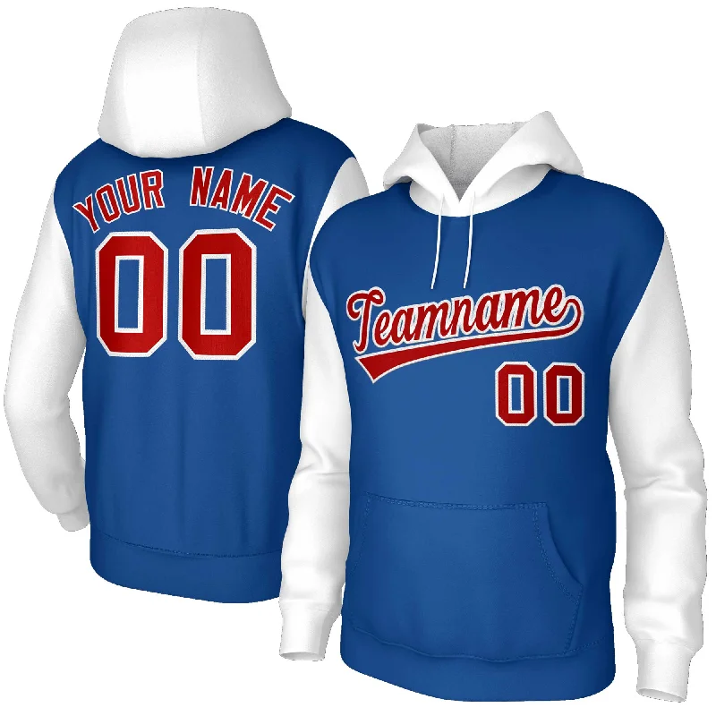 Personalized Design Custom Royal Red-White Raglan Sleeves Stitched Sportwear Pullover Hoodie
