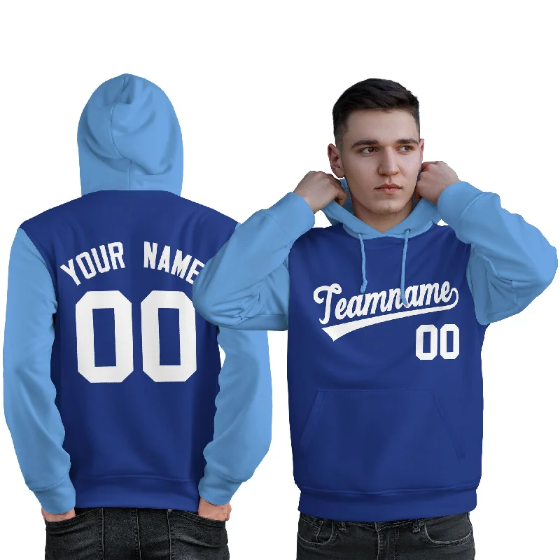 Warm Layers Custom Royal White-Light Blue Raglan Sleeves Pullover Personalized Sweatshirt Hoodie