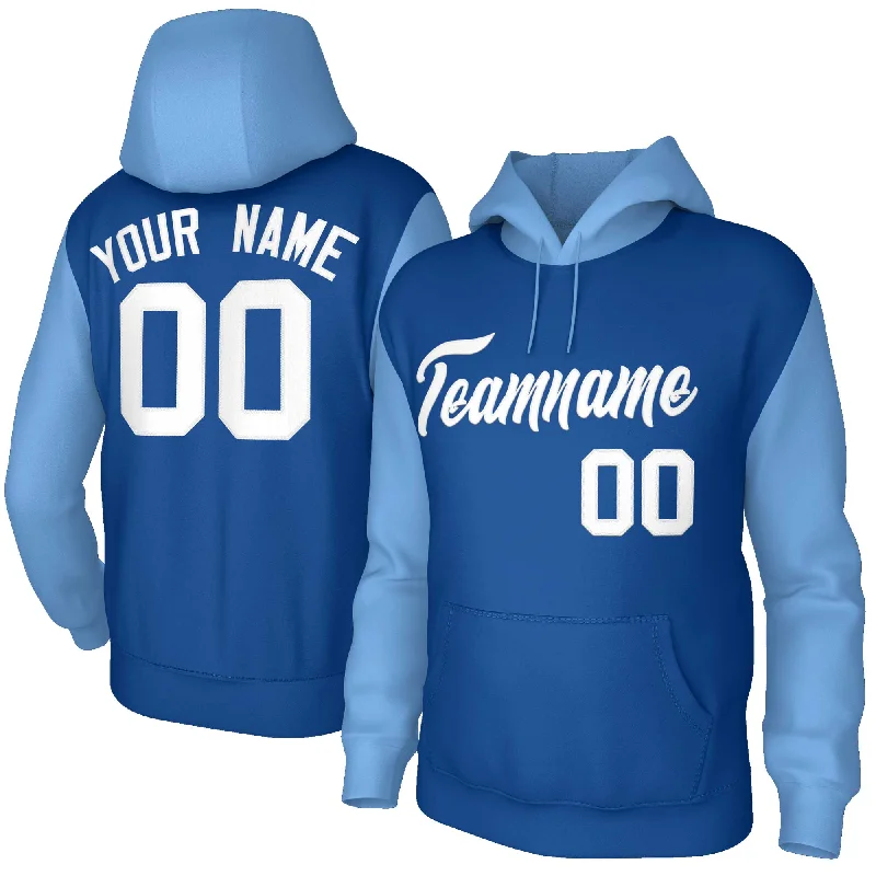 Fresh And Simple Custom Royal White-Raglan Sleeves Stitched Sportwear Pullover Hoodie