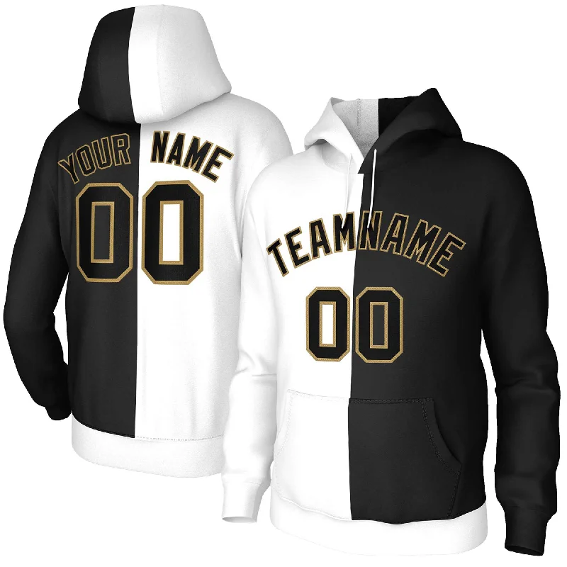 Personal Design Custom White Black-Old Gold Split Fashion Stitched Sportwear Pullover Hoodie