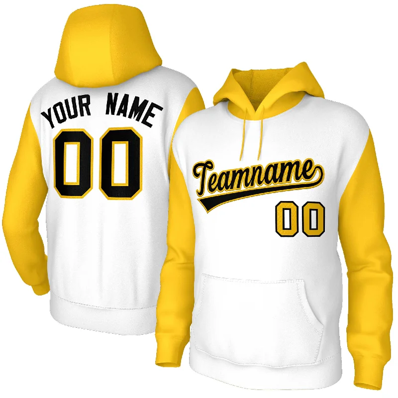 Fashion Selection Custom White Black-Gold Raglan Sleeves Stitched Sportwear Pullover Hoodie