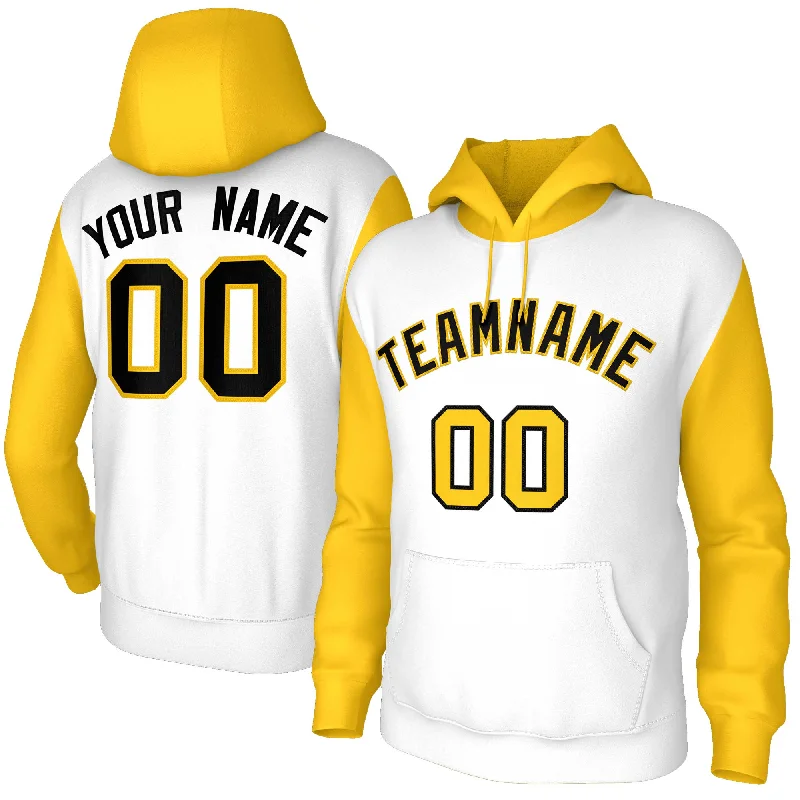 Fresh And Natural Custom White Black-Gold Raglan Sleeves Stitched Sportwear Pullover Hoodie
