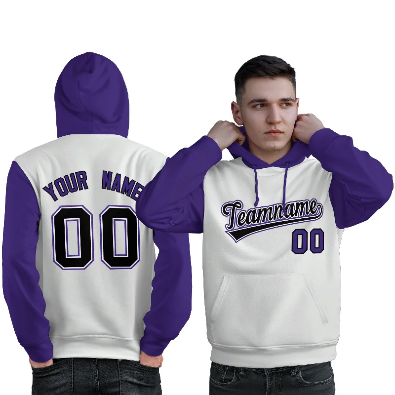 Versatile Casuals Custom White Black-Purple Raglan Sleeves Pullover Personalized Sweatshirt Hoodie