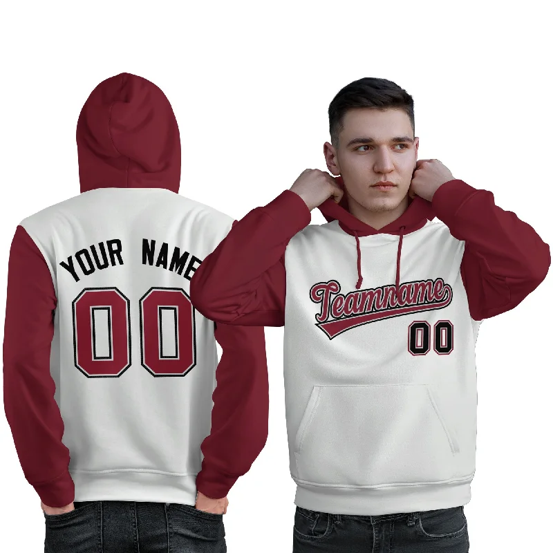 Soft Casuals Custom White Crimson-Black Raglan Sleeves Pullover Personalized Sweatshirt Hoodie