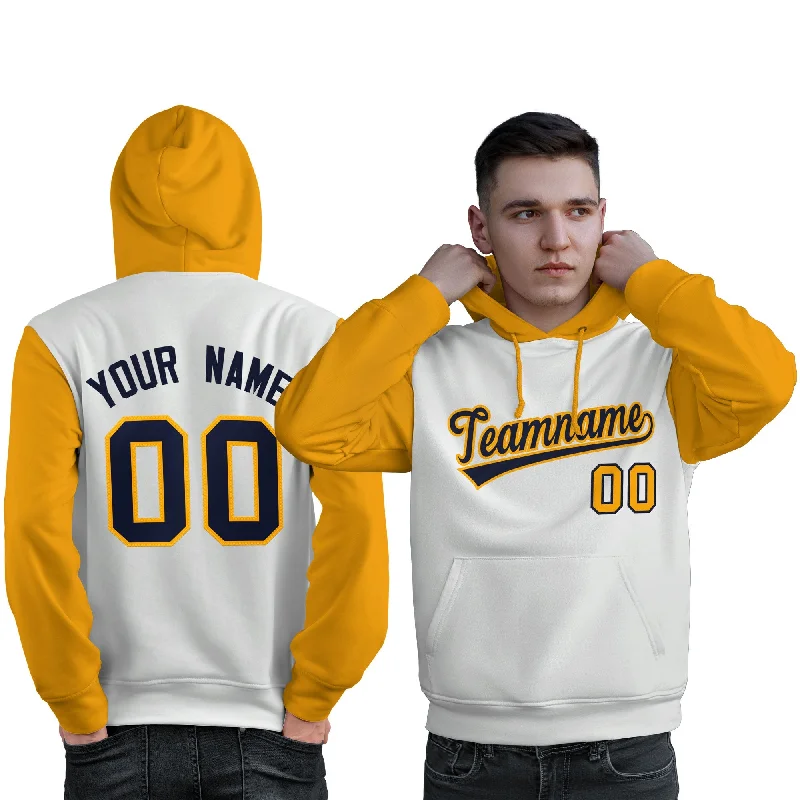 Comfy Layers Custom White Navy-Gold Raglan Sleeves Pullover Personalized Sweatshirt Hoodie