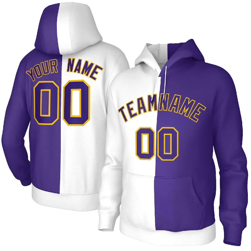 High Street Series Custom White Purple Purple-Gold Split Fashion Stitched Sportwear Pullover Hoodie