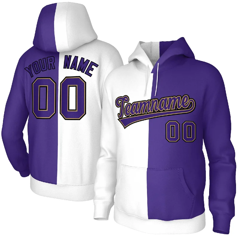 Simple Style Custom White Purple Purple-Old Gold Split Fashion Stitched Sportwear Pullover Hoodie
