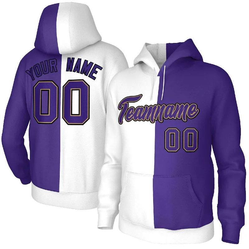 Elegant Comfort Custom White Purple Purple-Old Gold Split Fashion Stitched Sportwear Pullover Hoodie