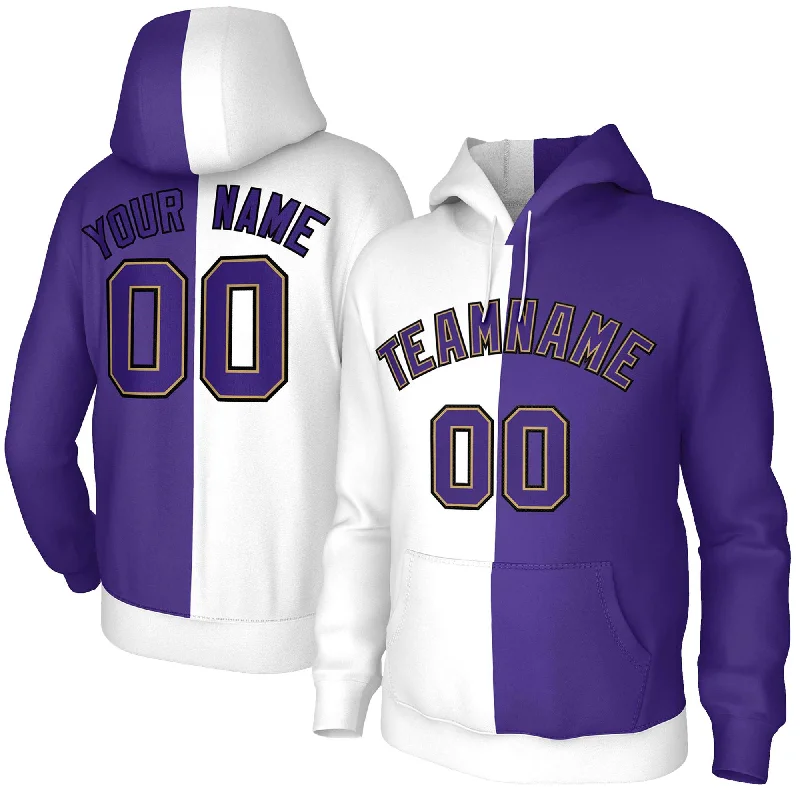 Free And Comfortable Custom White Purple Purple-Old Gold Split Fashion Stitched Sportwear Pullover Hoodie
