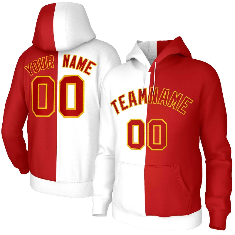Comfortable Wear Custom White Red Red-Gold Split Fashion Stitched Sportwear Pullover Hoodie