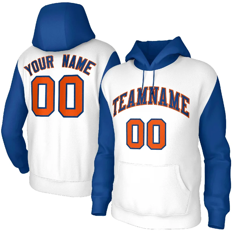 American Style Custom White Royal-Orange Raglan Sleeves Stitched Sportwear Pullover Hoodie