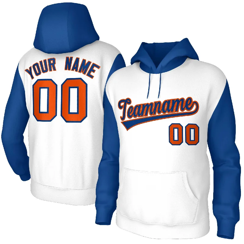 Exquisite Craftsmanship Custom White Royal-Orange Raglan Sleeves Stitched Sportwear Pullover Hoodie