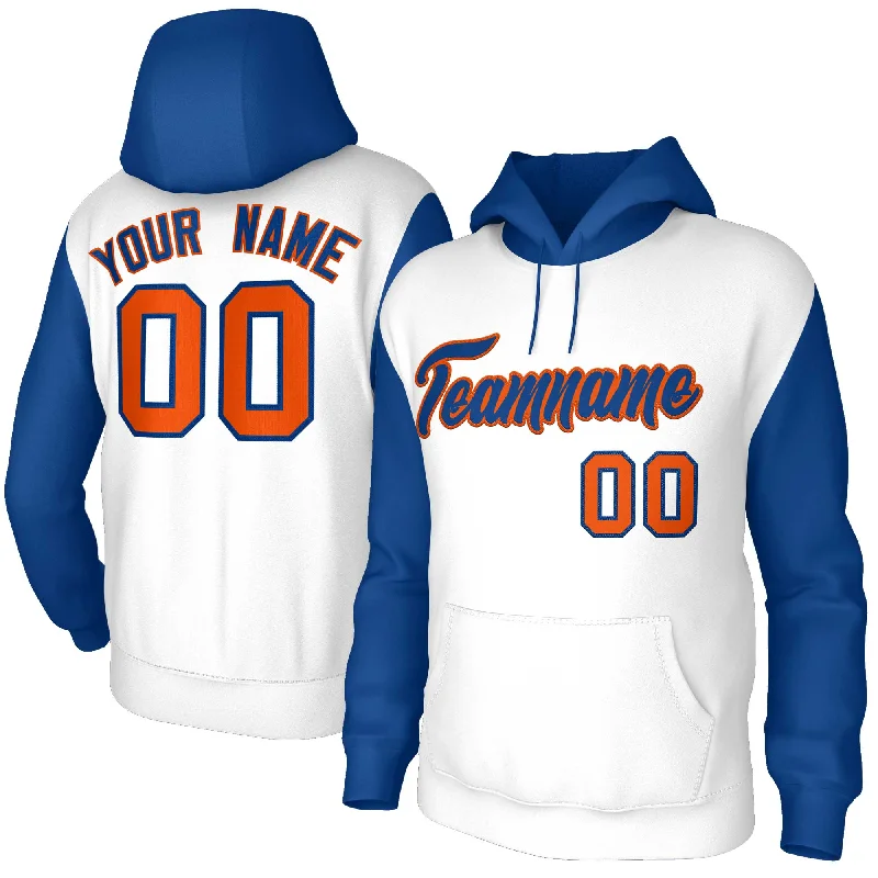 Spiritual Vitality Custom White Royal-Orange Raglan Sleeves Stitched Sportwear Pullover Hoodie