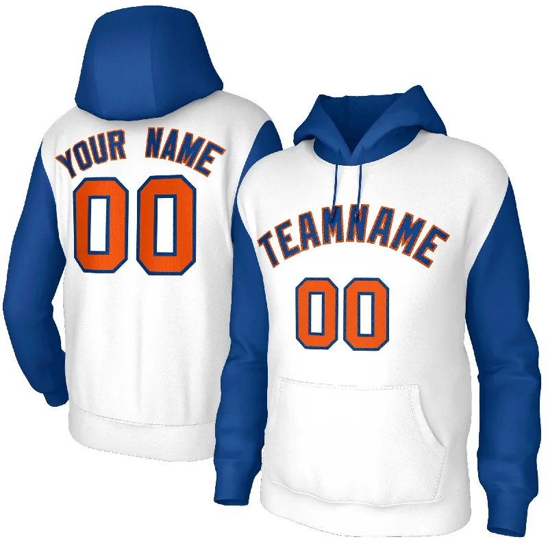 Denim Design Custom White Royal-Orange Raglan Sleeves Stitched Sportwear Pullover Hoodie