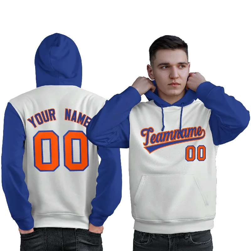 Cozy Lounge Wear Custom White Royal-Orange Raglan Sleeves Pullover Personalized Sweatshirt Hoodie