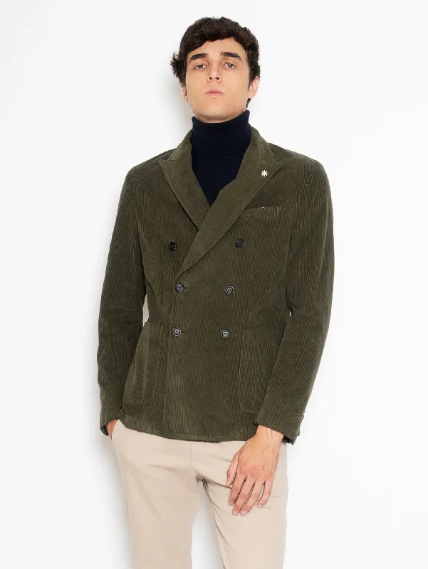 Comfortable And Casual Giacca Doppio Petto in Velluto a Coste Verde