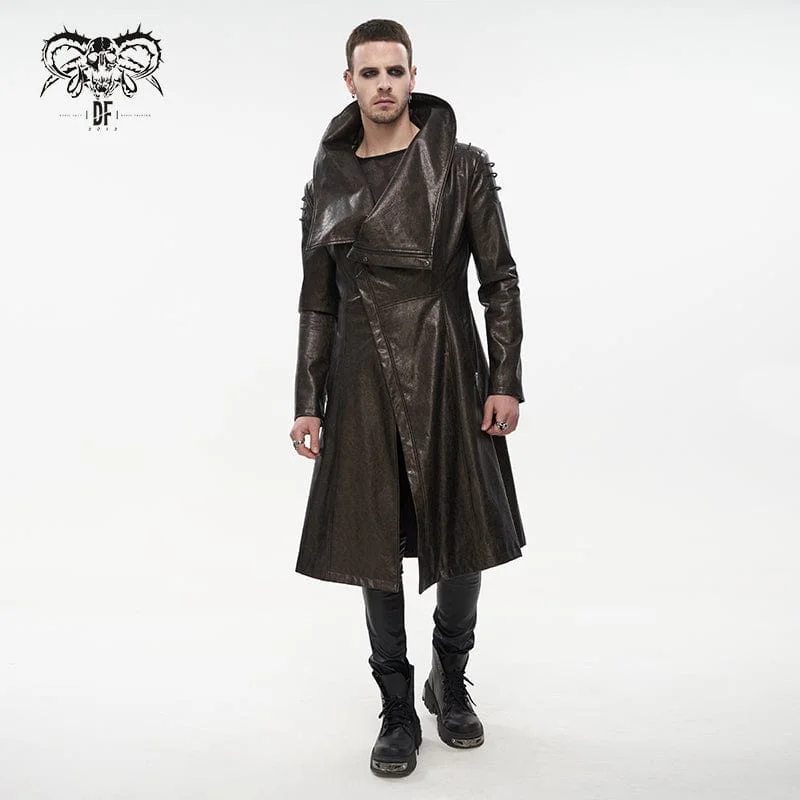 Stylish Casuals Men's Punk Stand Collar Faux Leather Long Coat Brown