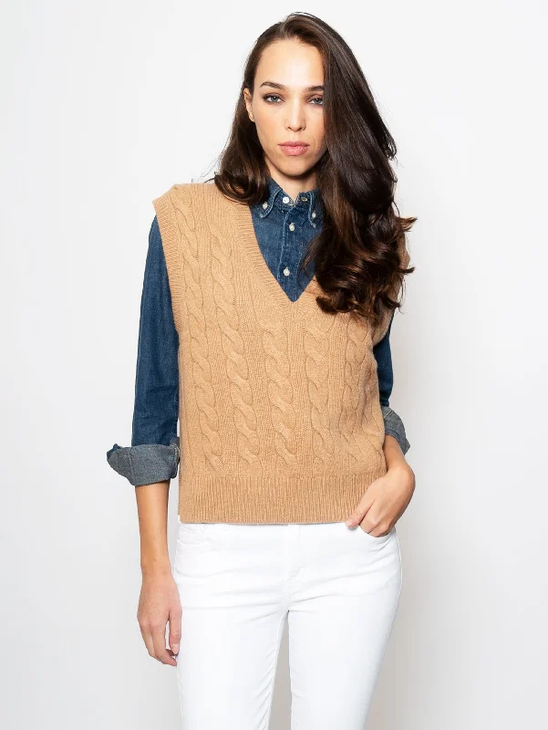 High Street Design Gilet a Trecce Scollo a V Cammello