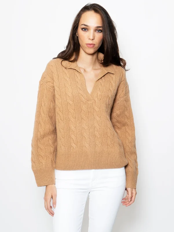 Must-have For Fashion Maglia a Trecce con Scollo a Polo Cammello