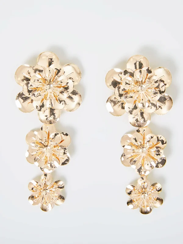 Embroidered Letters Triple Flower Drop Earrings