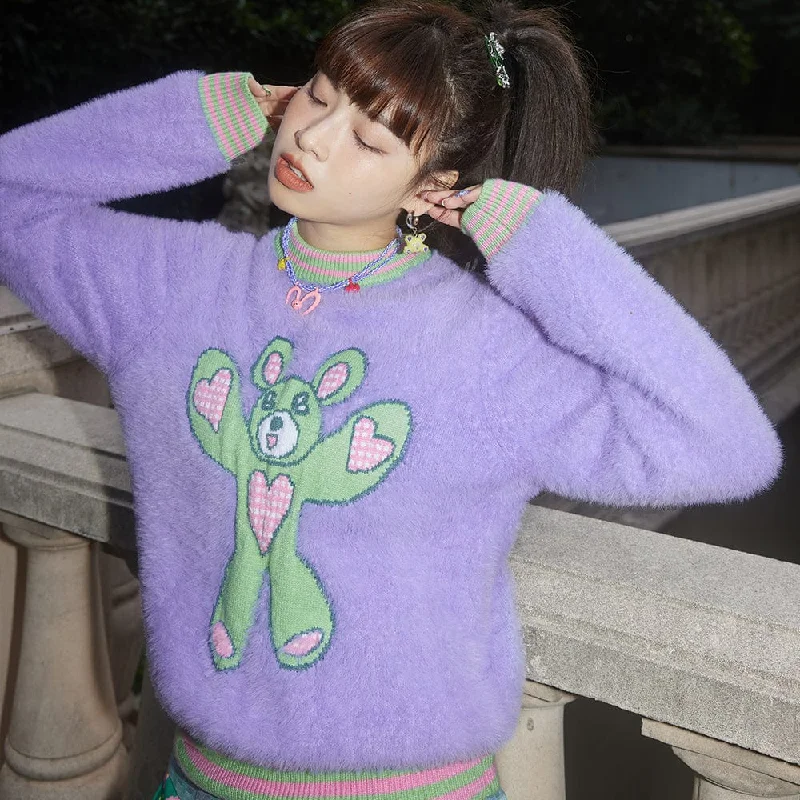 Layered Style Women's Fluffy Bear Knitted Sweater